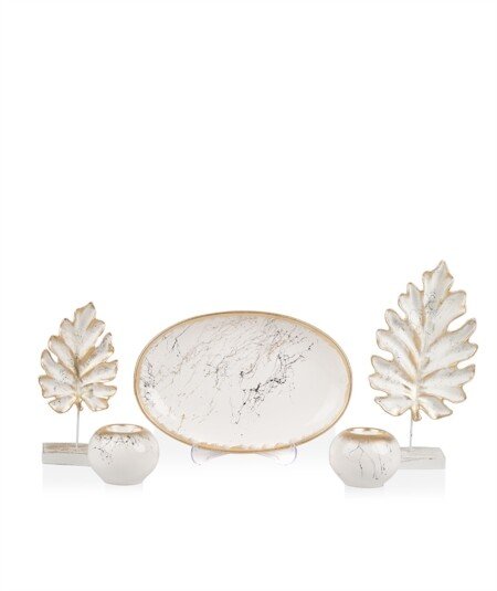 Σετ Διακοσμητικών Κεραμικό Σχέδιο Μάρμαρο-Φύλλα 5Τμχ.