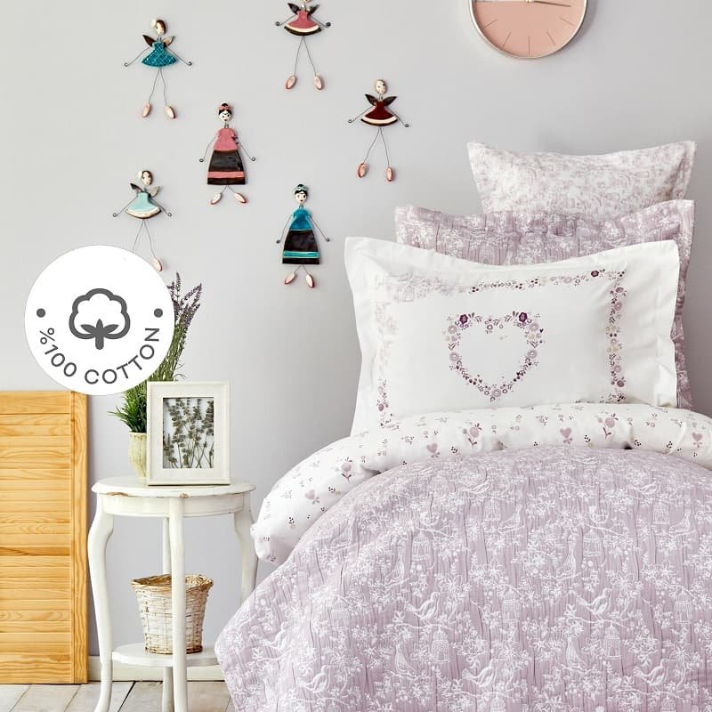 Karaca Home Birdy Lilac Σετ Παπλωματοθήκη 100% Βαμβακερή Μονή Νεανική